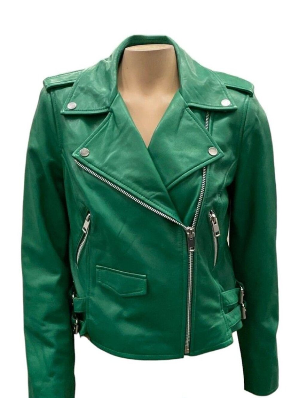Walter Baker Liz Lambskin Leather Crop Moto Jacket Kelly Green M